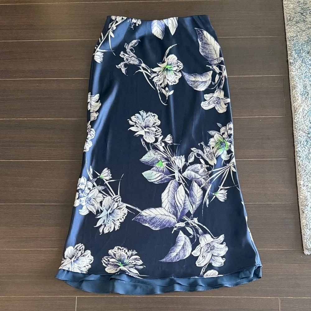 ZARA Floral Navy Silk Blue Skirt
